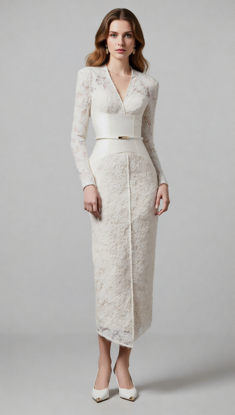 Gaia V-Neck Lace Midi Sheath Dress - Elegant & Versatile for Women