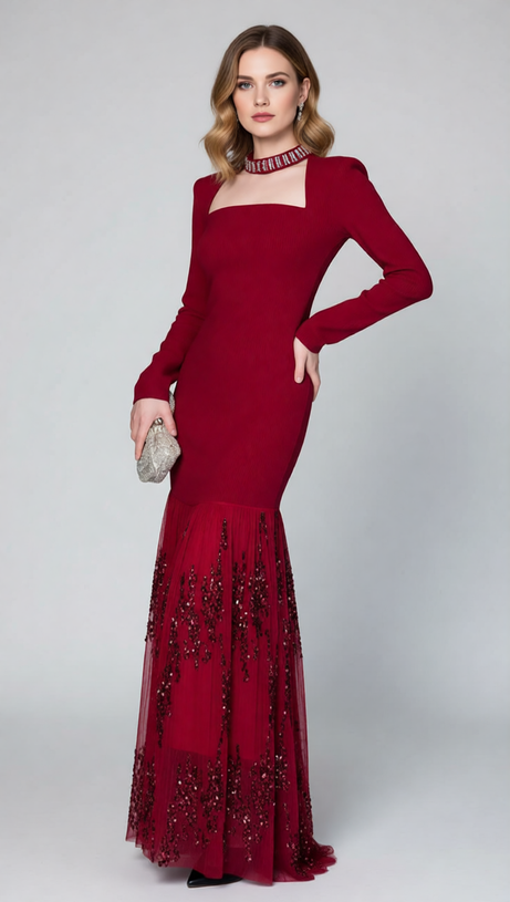 Ioana Glamorous Red Sequin Long Sleeve Maxi Dress - Elegant Square Neck Evening Gown