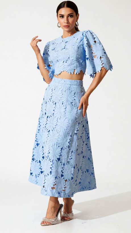 ZAELYTH ELEGANT FLORAL CUT-OUT LACE SKIRT SET - SKY BLUE CROP TOP & MIDI