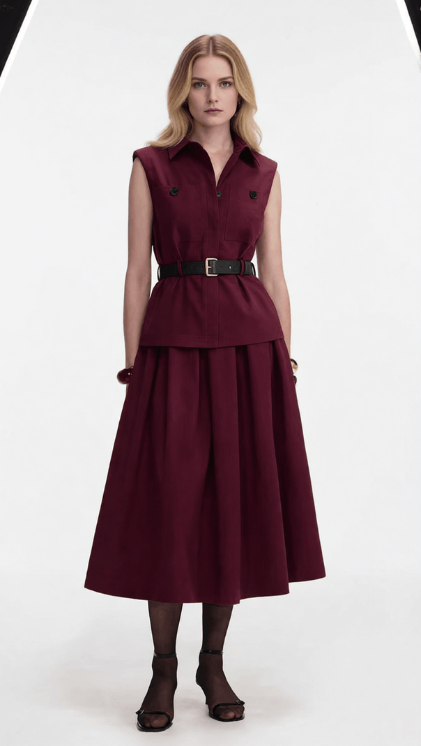 AIIZIE Iliana Elegant Burgundy Sleeveless Belted Skirt Set - Chic 2-Piece Outfit for Women - product image