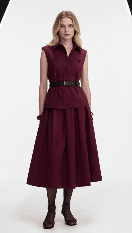 Iliana Elegant Burgundy Sleeveless Belted Skirt Set - Chic 2-Piece Outfit for Women