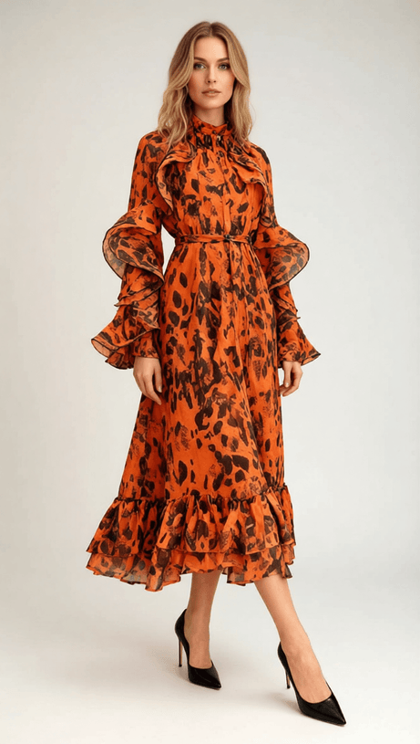 Chic Orange Leopard Ruffle Midi Dress | Long Sleeve Statement Style
