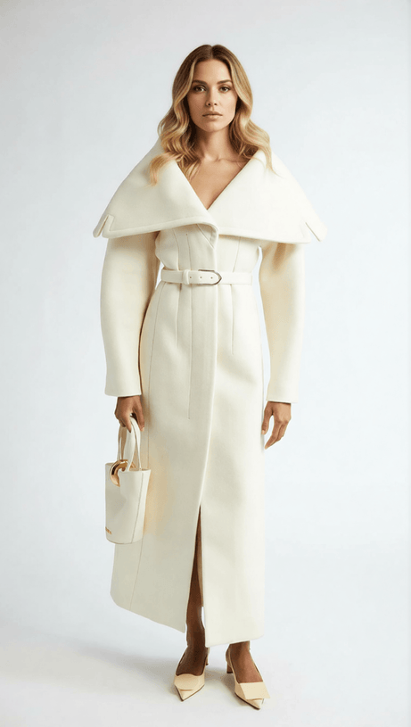 Izabella Luxe Belted Maxi Coat - Draped Collar & Tailored Elegance