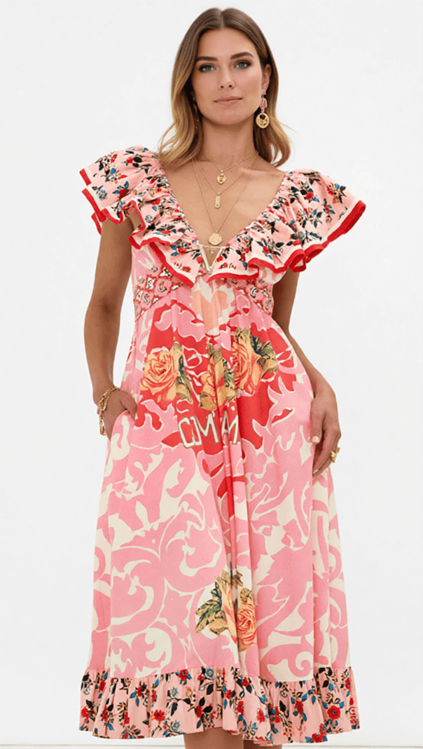 AIIZIE IRINA CHIC PINK FLORAL V-NECK MAXI DRESS - BOHEMIAN TIERED PRINT - product image
