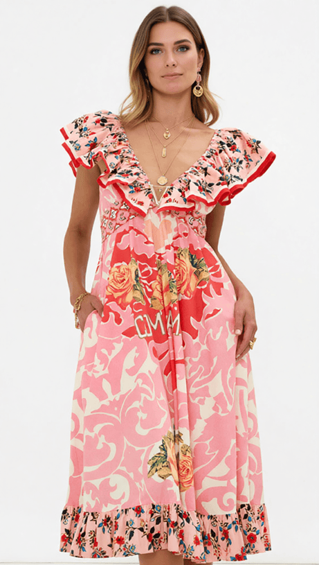 IRINA CHIC PINK FLORAL V-NECK MAXI DRESS - BOHEMIAN TIERED PRINT