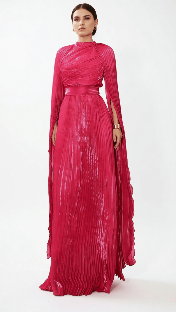 AIIZIE HODAYA VIBRANT PINK PLEATED LONG SLEEVE MAXI DRESS - ELEGANT FORMAL GOWN - product image