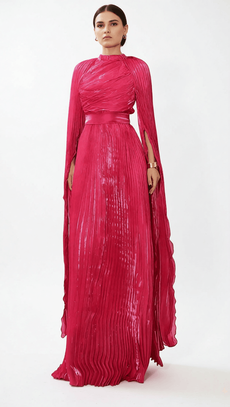 HODAYA VIBRANT PINK PLEATED LONG SLEEVE MAXI DRESS - ELEGANT FORMAL GOWN