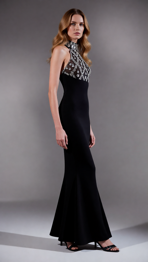 AIIZIE Iwao Black Halter Rhinestone Maxi Gown - Show-Stopping Sparkle & Elegance - product image