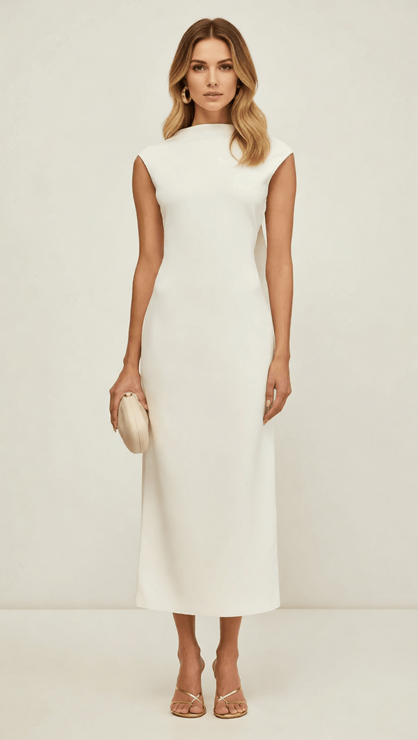 AIIZIE IDA WHITE BACKLESS MIDI DRESS: ETHEREAL ELEGANCE WITH GOLDEN SHOULDER DETAIL - product image