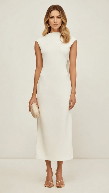 IDA WHITE BACKLESS MIDI DRESS: ETHEREAL ELEGANCE WITH GOLDEN SHOULDER DETAIL