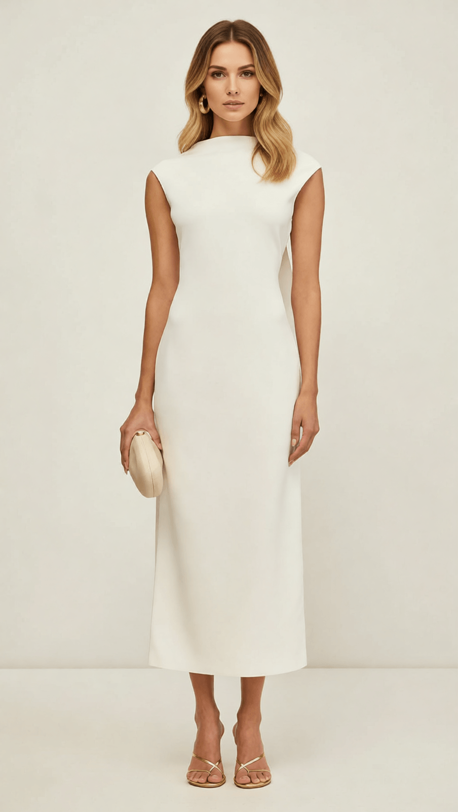 IDA WHITE BACKLESS MIDI DRESS: ETHEREAL ELEGANCE WITH GOLDEN SHOULDER DETAIL