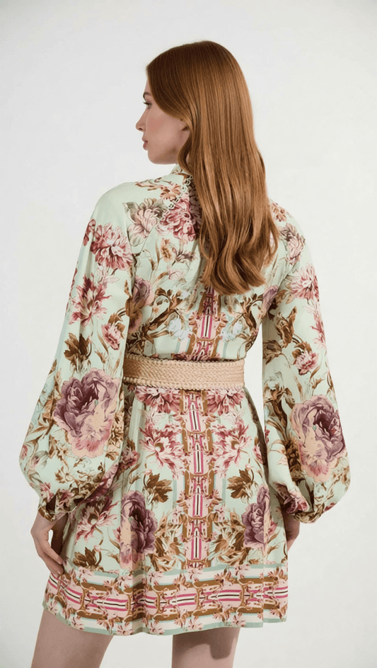 AIIZIE HILKIAH BOHO CHIC FLORAL PRINT LONG SLEEVE MINI DRESS WITH WOVEN BELT - product image