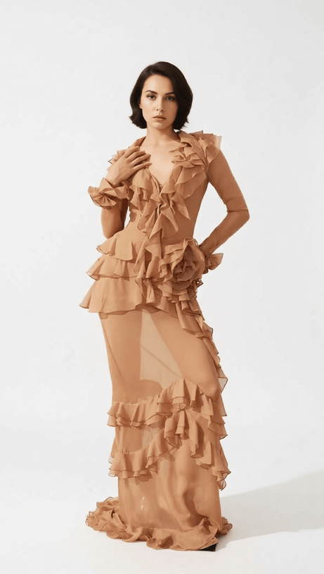 HIMANI RUFFLE MAXI DRESS: EFFORTLESSLY ELEGANT CASCADING RUFFLE GOWN