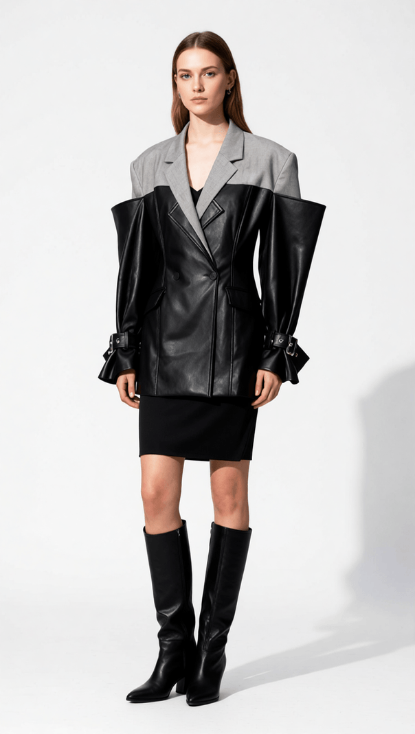 AIIZIE IANTH TWO-TONE EDGY PU LEATHER STATEMENT BLAZER JACKET FOR WOMEN - product image