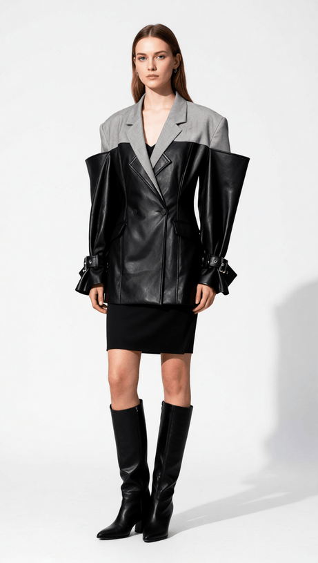 IANTH TWO-TONE EDGY PU LEATHER STATEMENT BLAZER JACKET FOR WOMEN
