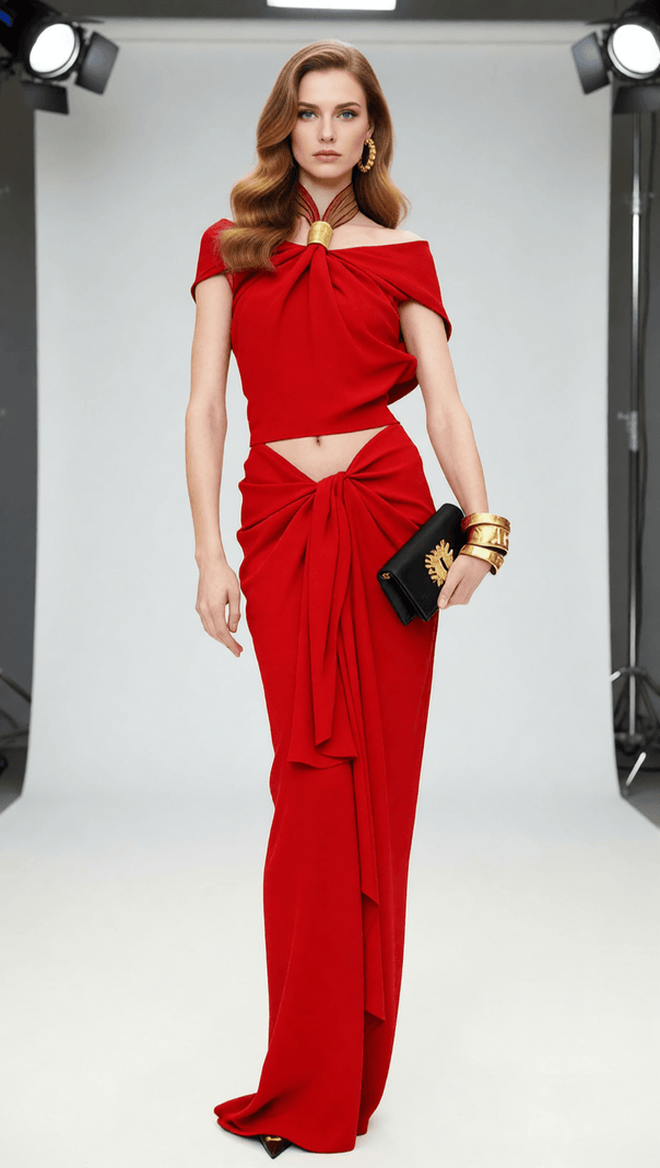 AIIZIE Isabel Luxe Draped Halter Two-Piece Set - Backless Crop Top & Maxi Skirt - product image
