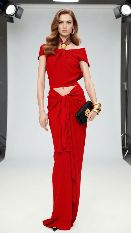 Isabel Luxe Draped Halter Two-Piece Set - Backless Crop Top & Maxi Skirt