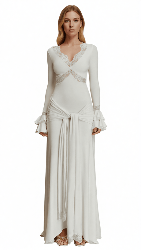 AKEELAH GRACEFUL LACE-TRIMMED FLARE SLEEVE MAXI DRESS | TIE-WAIST ELEGANCE