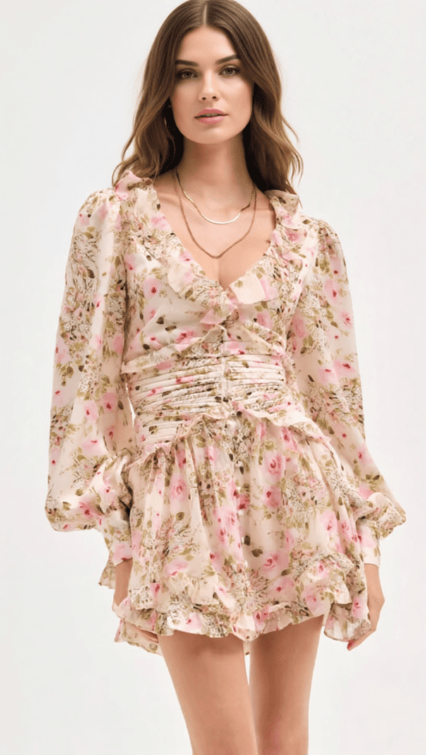 AIIZIE IOLANTHE ROMANTIC RUFFLE FLORAL MINI DRESS | LONG SLEEVE & FLIRTY STYLE - product image
