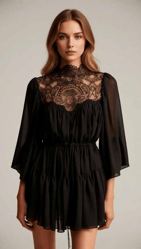 Ilan Allure Black Lace Mock Neck Mini Dress - Elegant Long Sleeve Style