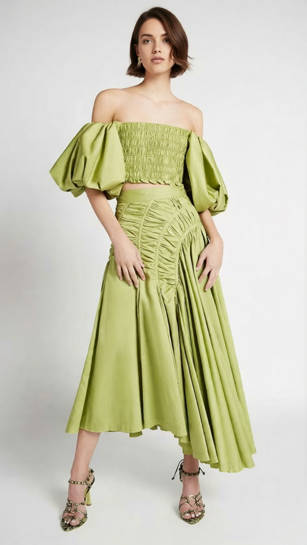 AIIZIE Vibrant Lime Green Puff Sleeve Crop Top & Ruched Maxi Skirt Set | Ivo Two-Piece - product image
