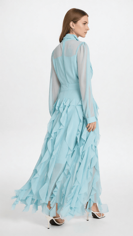Isaak Ethereal Ruffle Maxi Gown - Elegant Chiffon Dress with Statement Bow Neck