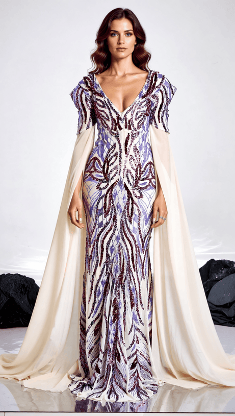 Dazzling Sequin & Cape Slit Maxi Gown - Evening & Formal Wear