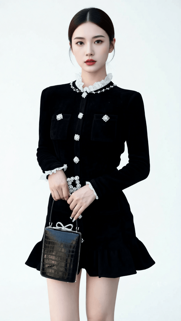 AIIZIE HIRAANI BLACK VELVET GLAM MINI DRESS | LUXE RUFFLE LACE & CRYSTAL EMBELLISHMENTS - product image