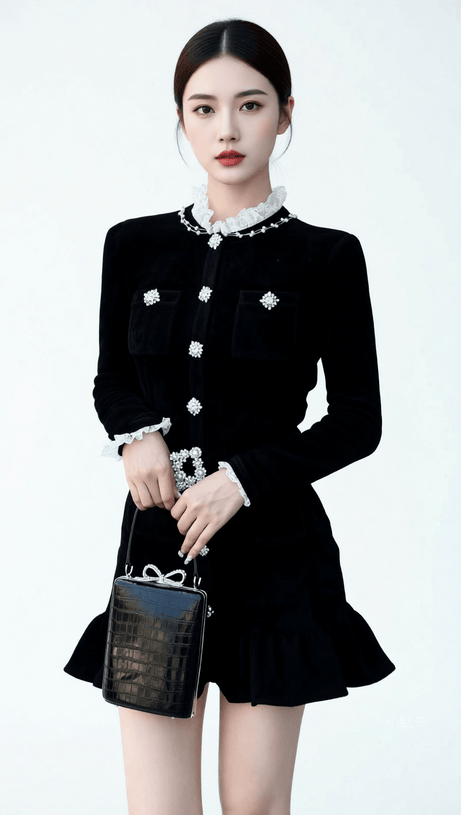 HIRAANI BLACK VELVET GLAM MINI DRESS | LUXE RUFFLE LACE & CRYSTAL EMBELLISHMENTS