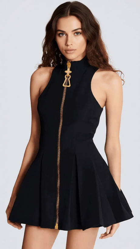 IDOLA BLACK HIGH-NECK MINI DRESS | STATEMENT GOLD ZIPPER SLEEVELESS LBD