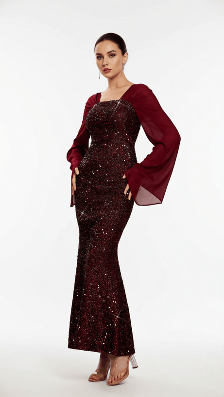 HONOVI DAZZLING WINE SEQUIN LONG SLEEVE MAXI DRESS - ELEGANT FORMAL GOWN