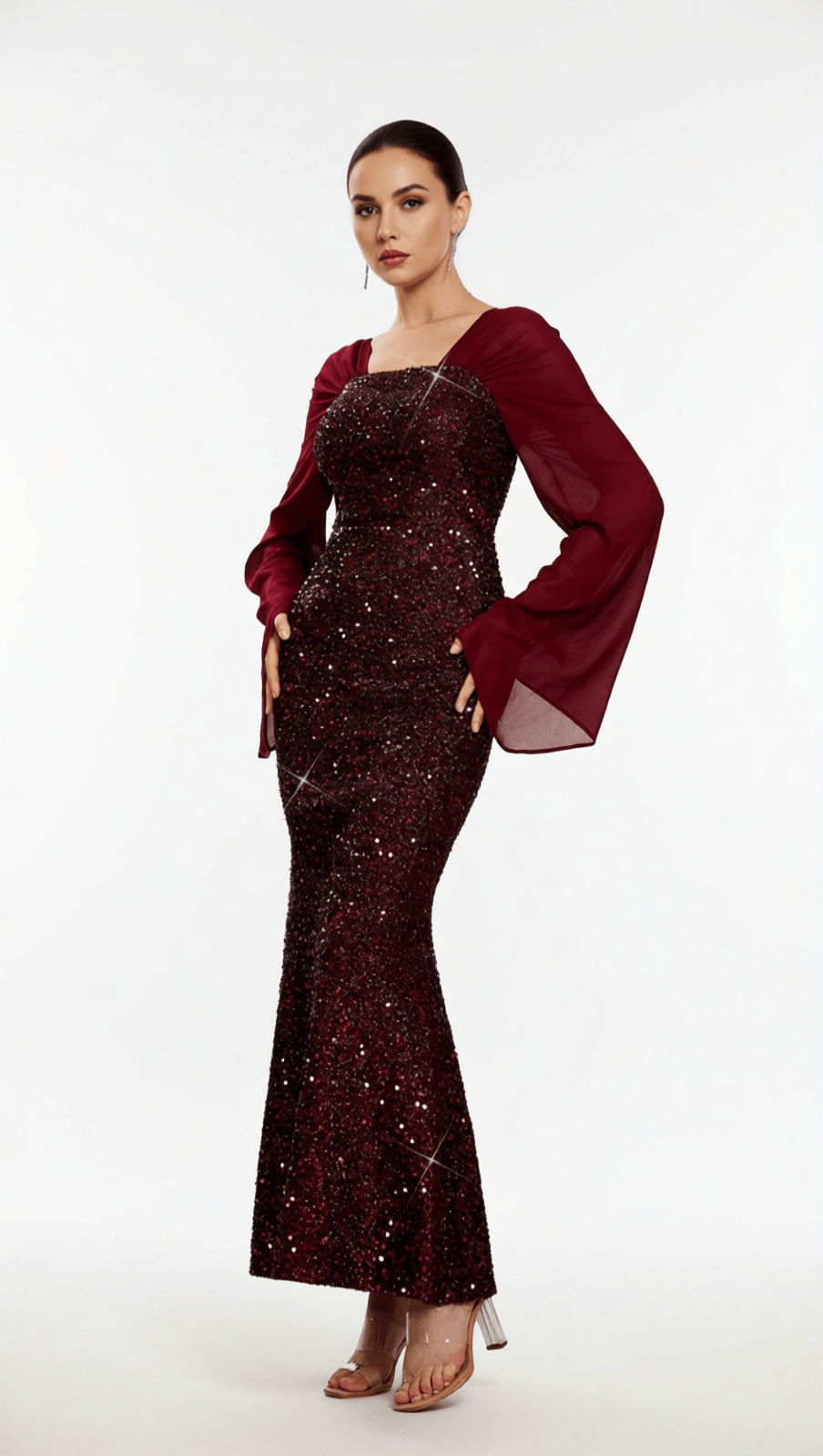 HONOVI DAZZLING WINE SEQUIN LONG SLEEVE MAXI DRESS - ELEGANT FORMAL GOWN