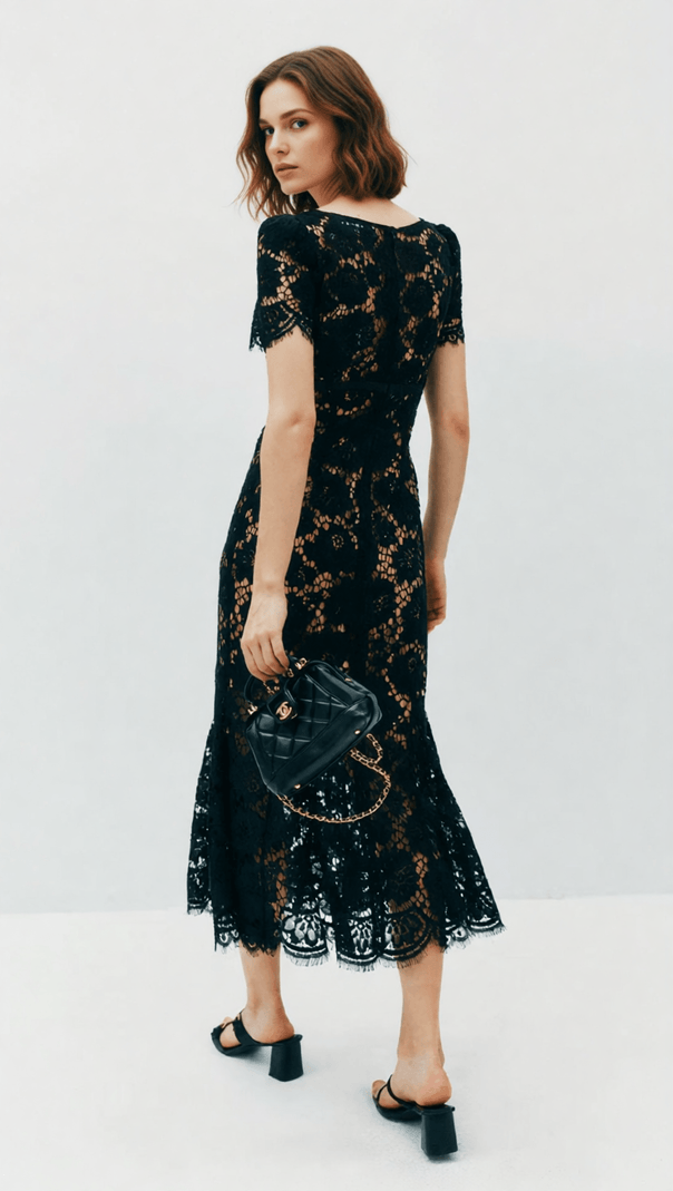 AIIZIE Imelda Black Lace Midi Dress | Elegant V-Neck Cocktail & Party Dress for Women - product image