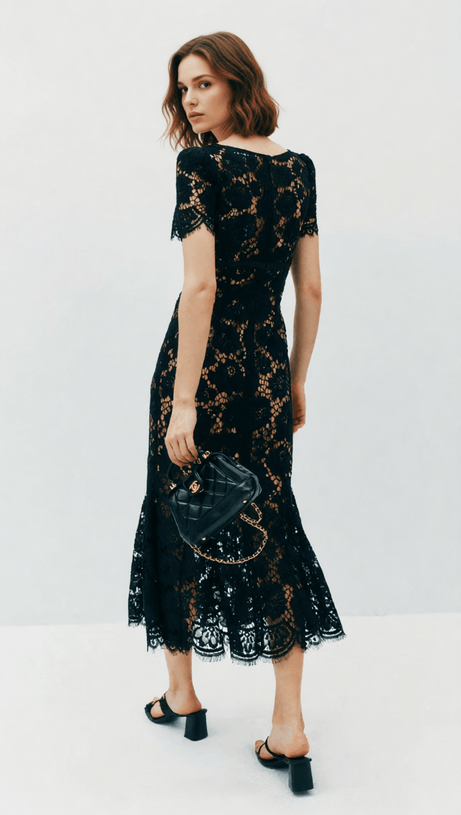 Imelda Black Lace Midi Dress | Elegant V-Neck Cocktail & Party Dress for Women