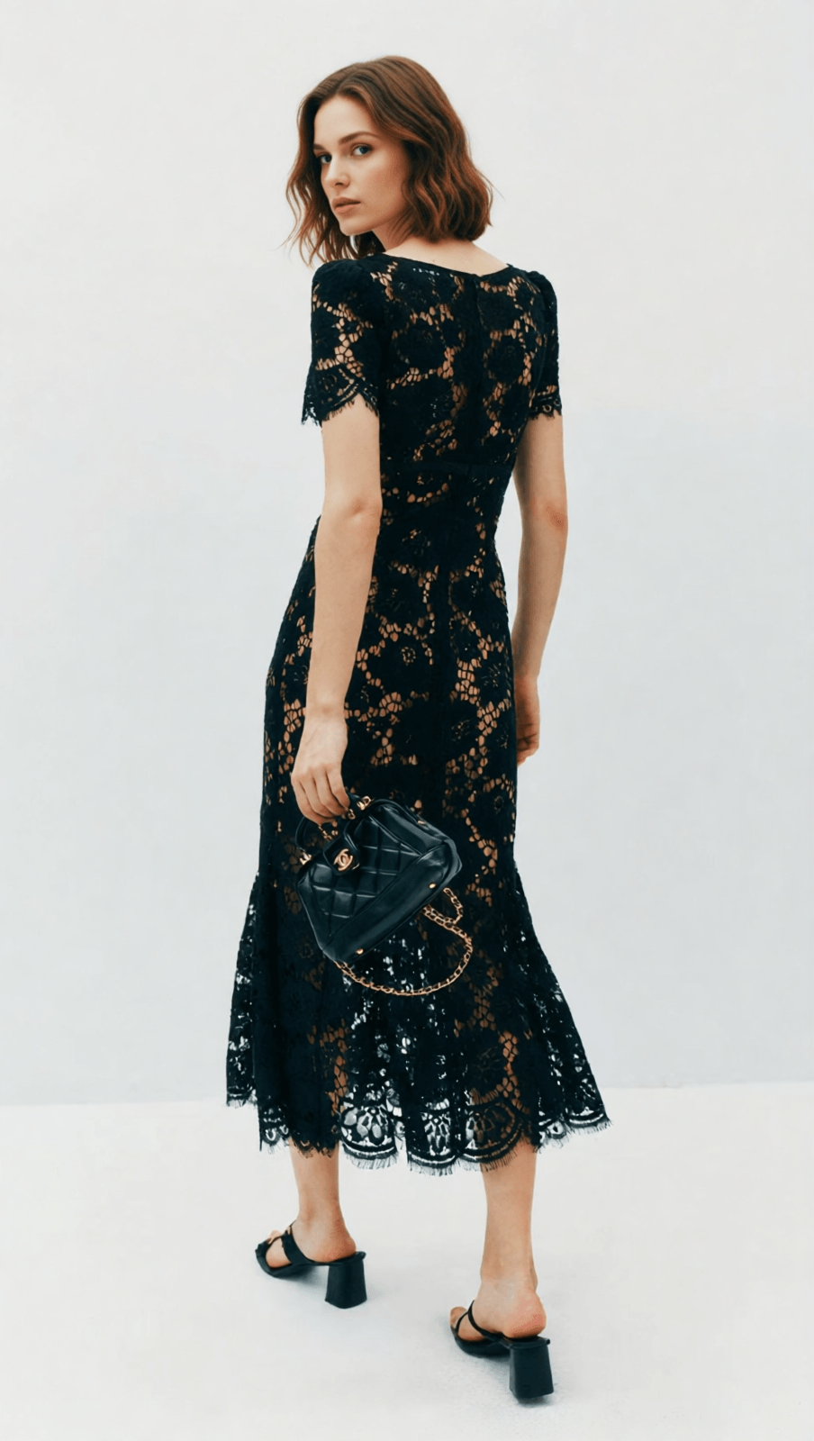 Imelda Black Lace Midi Dress | Elegant V-Neck Cocktail & Party Dress for Women