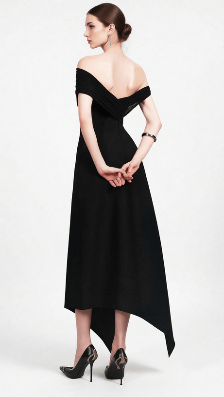IRIS BLACK OFF-SHOULDER ASYMMETRICAL MAXI DRESS - ELEGANT EVENING GOWN