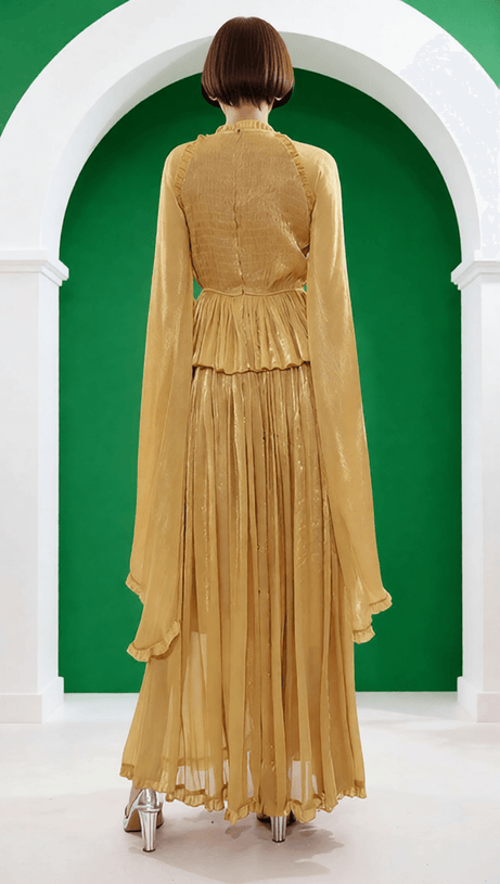 HOLLE GOLDEN PLEATED MAXI DRESS FOR WOMEN - ELEGANT LONG SLEEVE OCCASION GOWN
