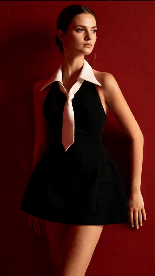 AIIZIE HECUBA CHIC BLACK MINI DRESS WITH CONTRAST COLLAR & TIE | STATEMENT STYLE - product image
