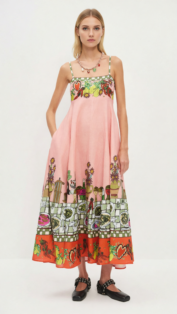 AIIZIE Irwin Artistic Fiesta Print Strappy Midi Dress for Vibrant Summer Style - product image