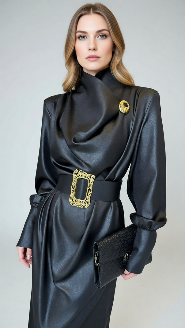 AIIZIE Imad Black Elegant Long Sleeve Belted Maxi Dress - Statement Gold Buckle - product image