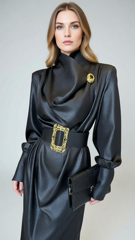 Imad Black Elegant Long Sleeve Belted Maxi Dress - Statement Gold Buckle