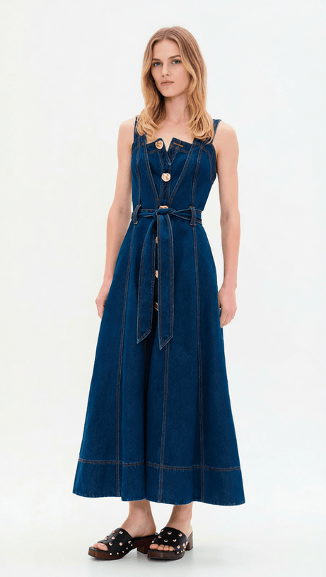EFFORTLESS CHIC: WOMEN'S BUTTON-FRONT BELTED DENIM MIDI DRESS