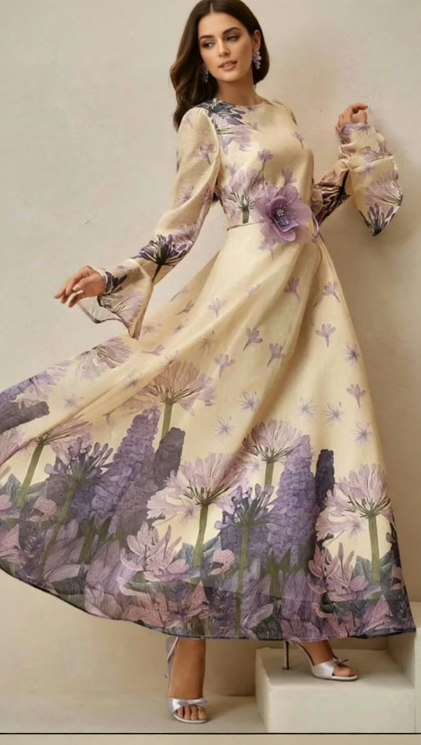 AIIZIE Isadore Elegant Floral Maxi Dress - Long Sleeve Chiffon Gown with Flower Belt - product image