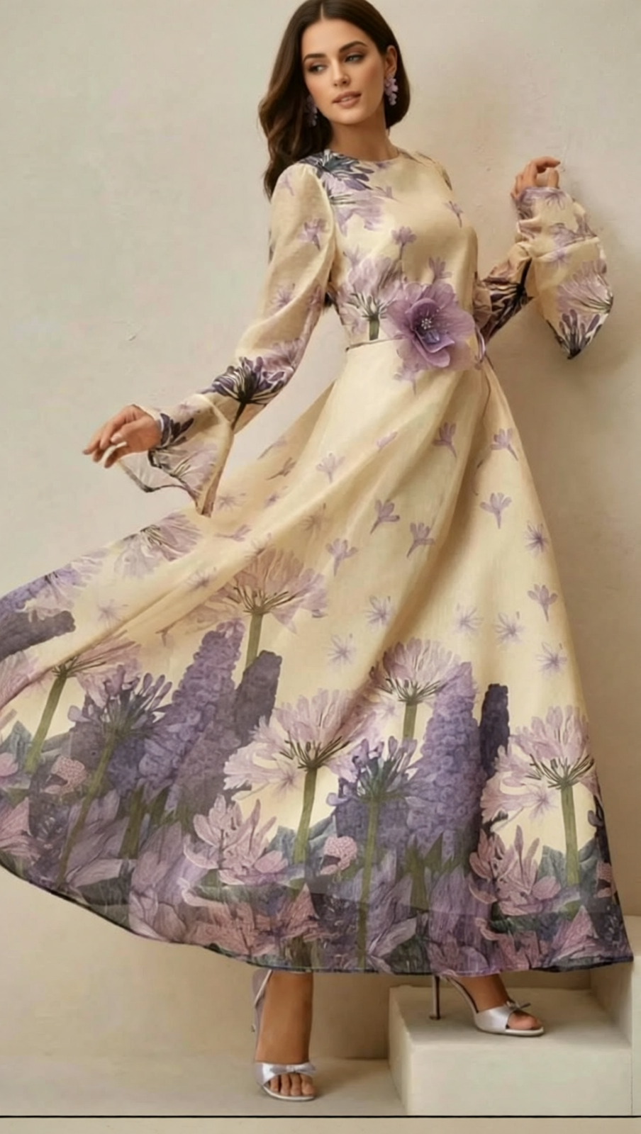 Isadore Elegant Floral Maxi Dress - Long Sleeve Chiffon Gown with Flower Belt