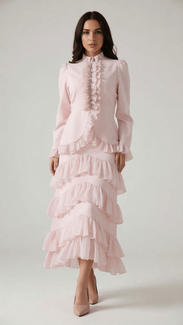 AIIZIE Ignace Elegant Ruffle Two-Piece Set - Long Sleeve Top & Tiered Maxi Skirt - product image