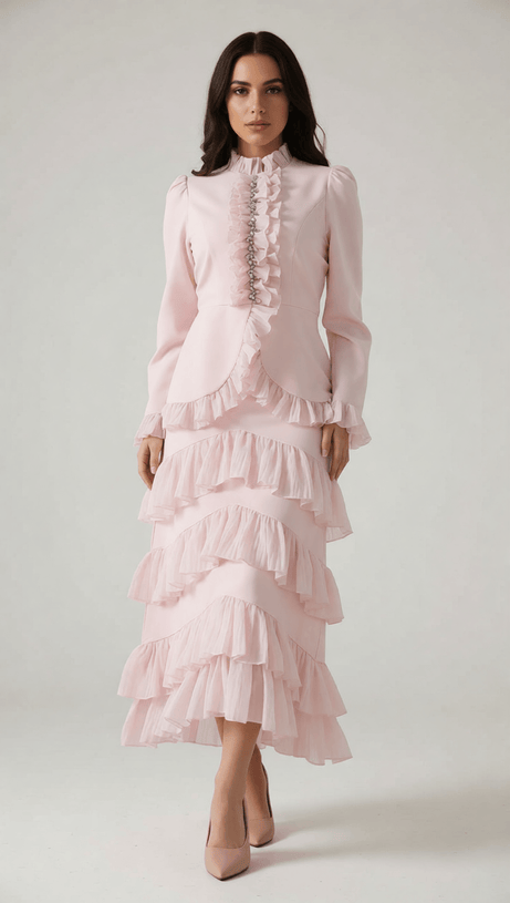 Ignace Elegant Ruffle Two-Piece Set - Long Sleeve Top & Tiered Maxi Skirt