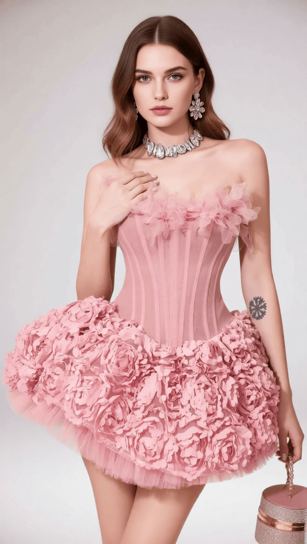 AIIZIE Irma Strapless Corset Floral Mini Dress - Pink Party & Date Night Gown - product image