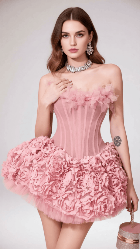 Irma Strapless Corset Floral Mini Dress - Pink Party & Date Night Gown