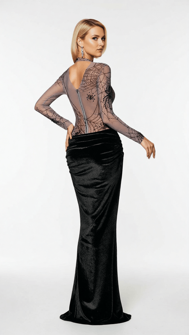 AIIZIE KJARTAN GLAMOROUS HIGH NECK SPIDER WEB VELVET MAXI DRESS - STATEMENT EVENING GOWN - product image