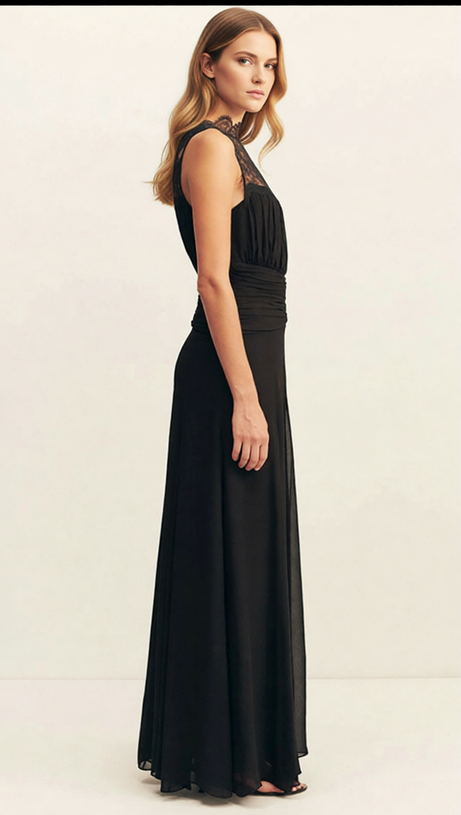 IONA ELEGANT BLACK LACE RUCHED SLEEVELESS MAXI GOWN